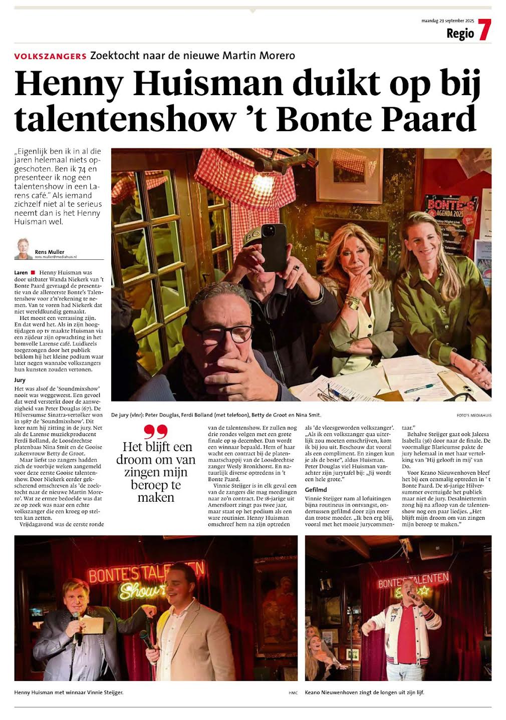 Henny Huisman duikt op bij telantenshow 't Bonte Paard